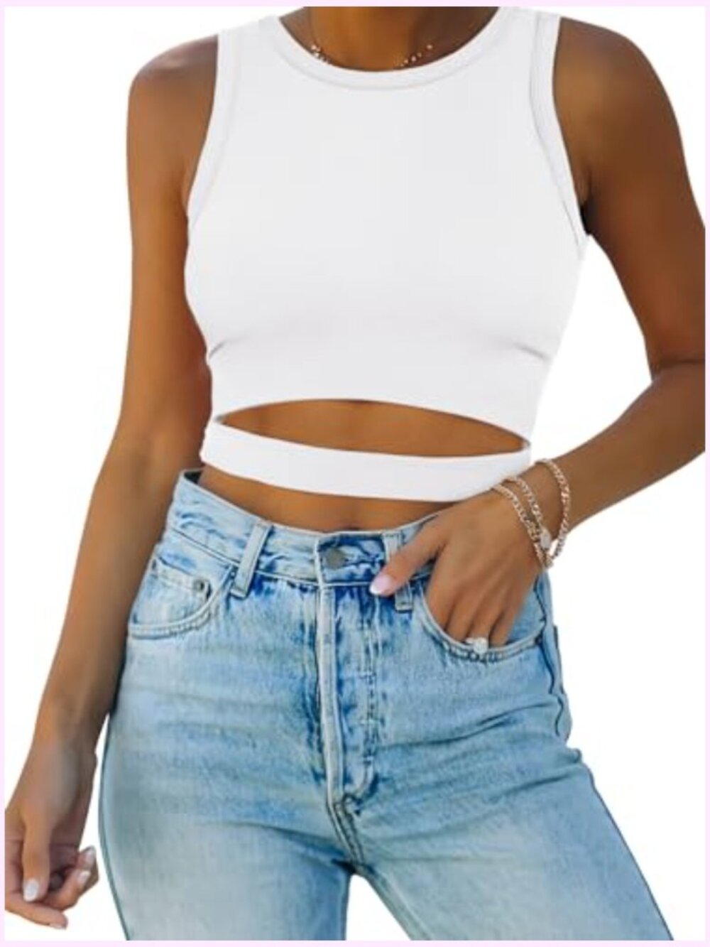 High Neck Cutout Racer Back Crop Tank Top Going Out Y2K Top - Picture 2 of 7